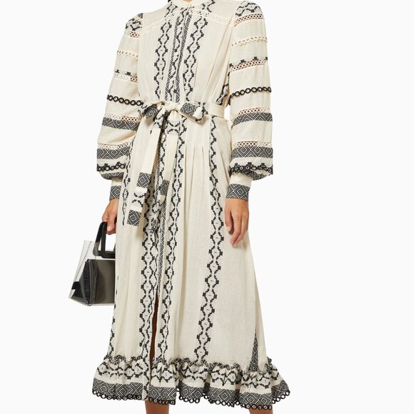 Women Moira Midi Shirt DressPadded Shoulders, Long Puff Sleeves, Ruffles